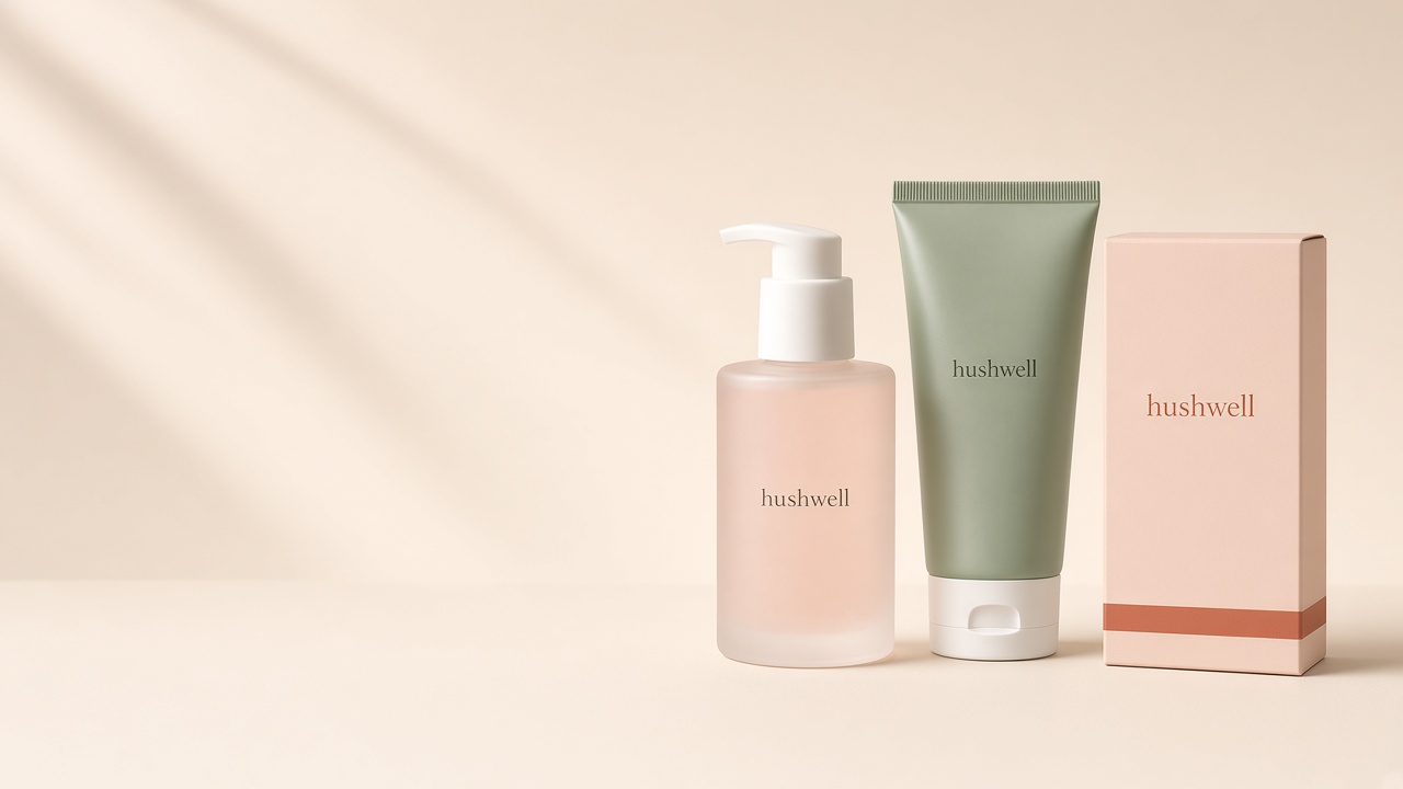 hushwell lubricant, gel and condoms on a soft beige backdrop